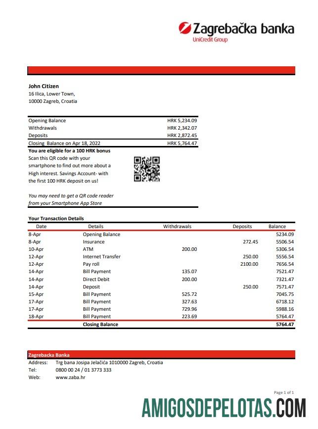 Croatia Zagrebačka Bank Statement Xls amostra